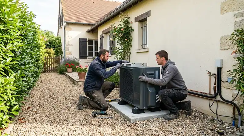 Installateur raccordant l'unité extérieure d'une pompe à chaleur dans le Cantal